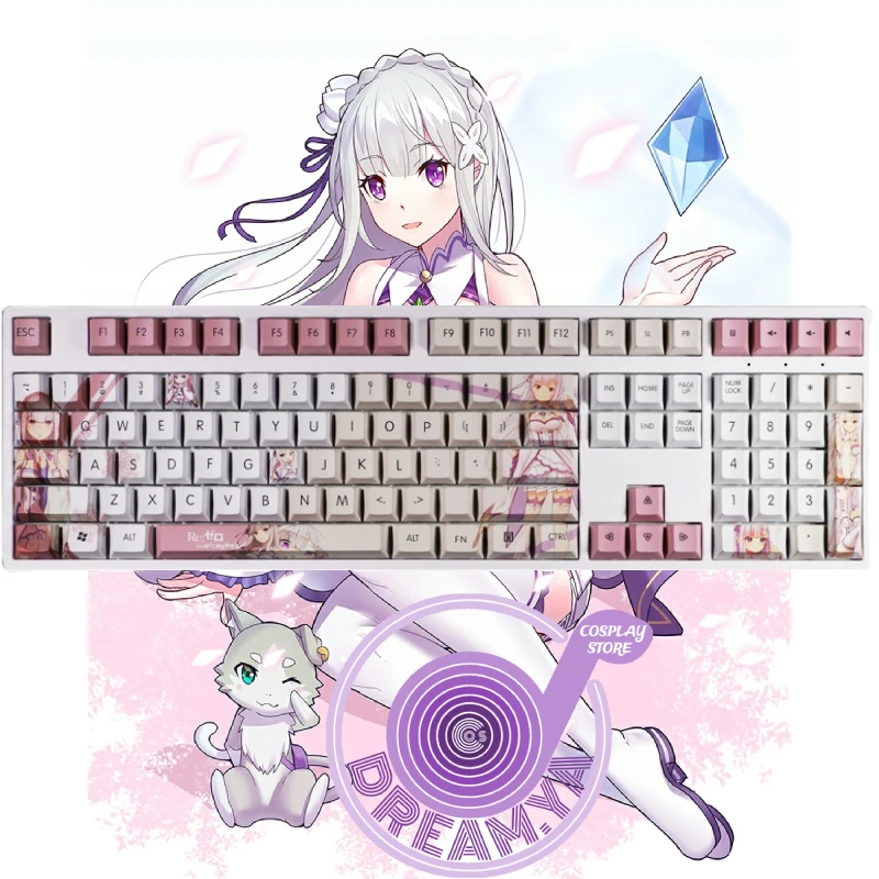 Anime Re Life In A Different World From Zero Emilia Theme Cosplay Mechanical Keyboard Keycaps for 87/104/108 Key Collection Gift |
