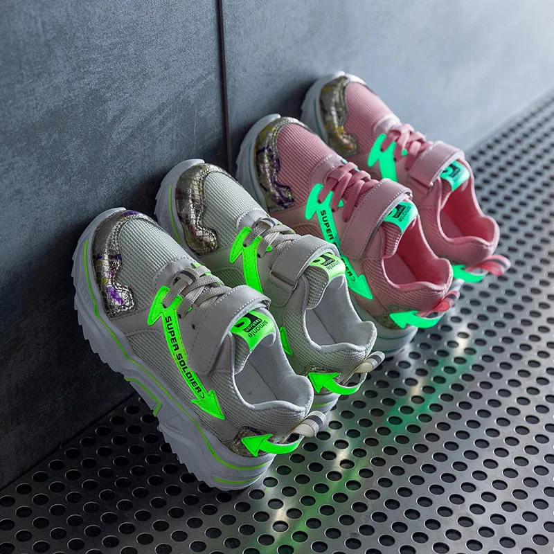 Новинка 2019 детская светящаяся обувь ПУ + сетка кроссовки ярлыки верх