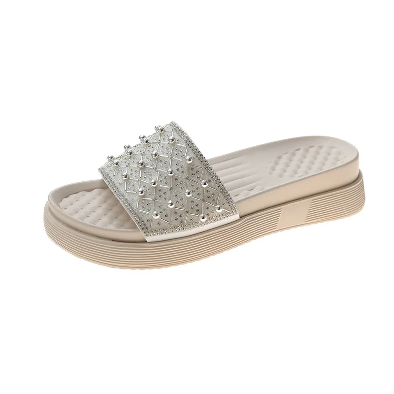 

Female Shoes House Slippers Platform Rivet Low Luxury Slides 2021 Designer Hoof Heels Basic Fashion Rome Bling PU Fabric Rubber