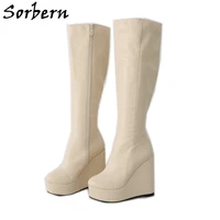 sorbern beige knee high boots women wedges visible platform shoes side zipper plush winter style boot high hills for women