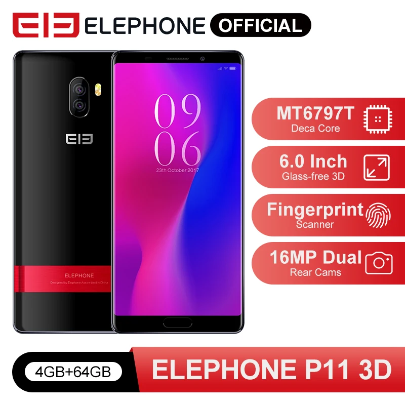ELEPHONE P11 3D 4 Гб 64 Смартфон MTK MT6797T Deca Core 6 0 &quotFHD + дисплей стекло Android 8 16 МП Двойная
