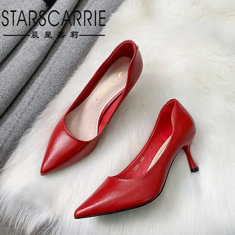 

2021 summer professional pointed thin heel spring daily low top solid black high heels women's leather shoes