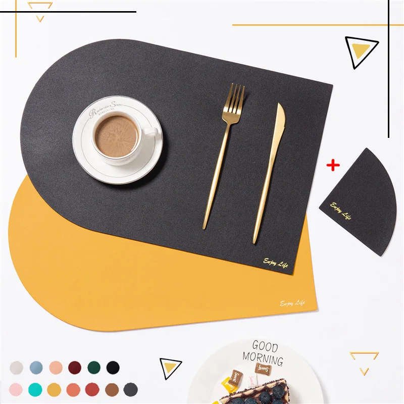 

Black Yellow PU Placemats for Table Waterproof Non-Slip Leather Tableware Mat Set Kitchen Accessories Coaster Cup Luxury Mats