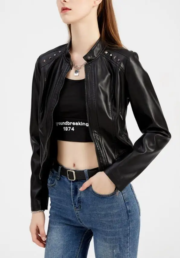 Rivet Short Leather Jackets Women Spring Autumn Long Sleeve Women's PU Leather Coat Thin Fashion Slim Street Coats