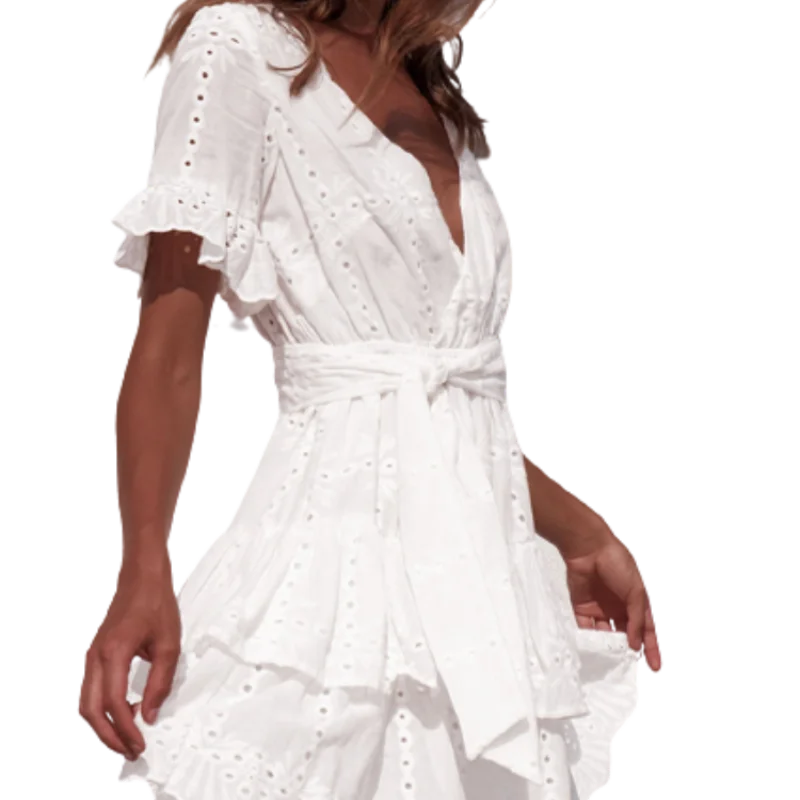 

Fashion Embroidery White Dresses Summer Women Short Sleeve Casual Beach Boho Sundress Sexy V Neck Hollow Out Mini Dress Ladies