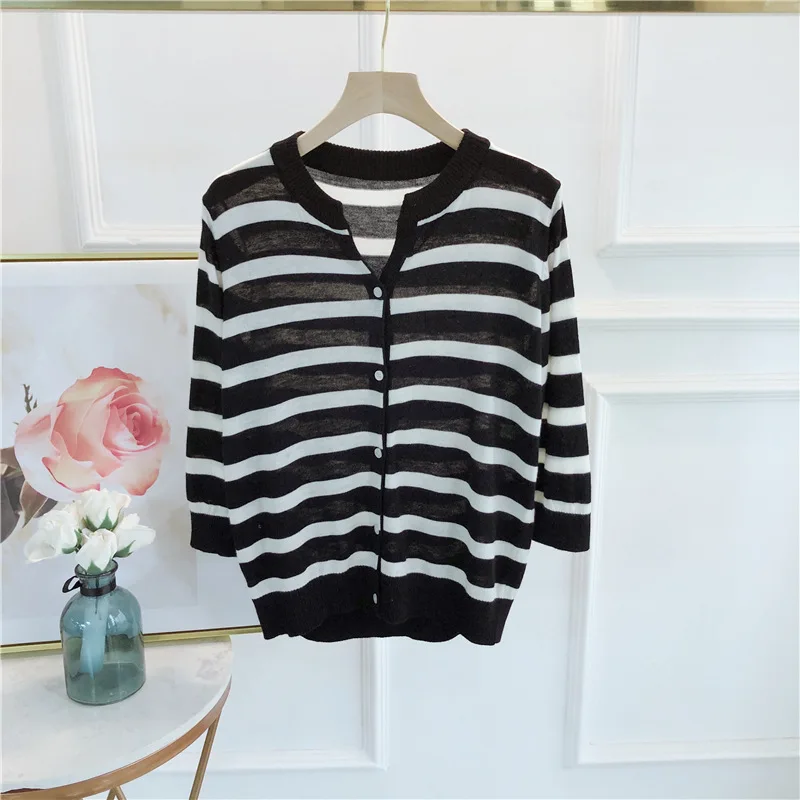 

UVRCOS Classic Color Matching ~ Spring New Round Neck Color Matching Stripe Medium Sleeve Cardigan Looks Thin And Versatile