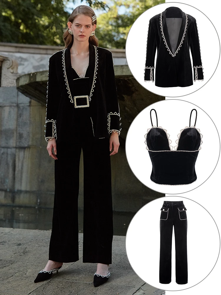 

Женский бархатный пикантный жакет с бриллиантами и брюками большого размера XL