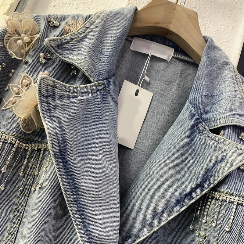 

Hararjuku Denim Jacket Women Outwear 2020 Autumn New Heavy Industry Beaded Three-dimensional Jeans Coat female Loose Jeans Coat