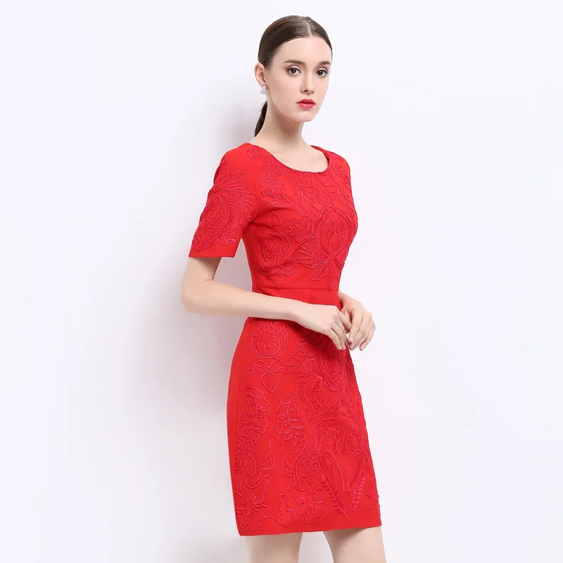 

Pencil hot Plus Size Dress new spring summer Embroidery dress short sleeves fashion Women Clothing flowers party dresses