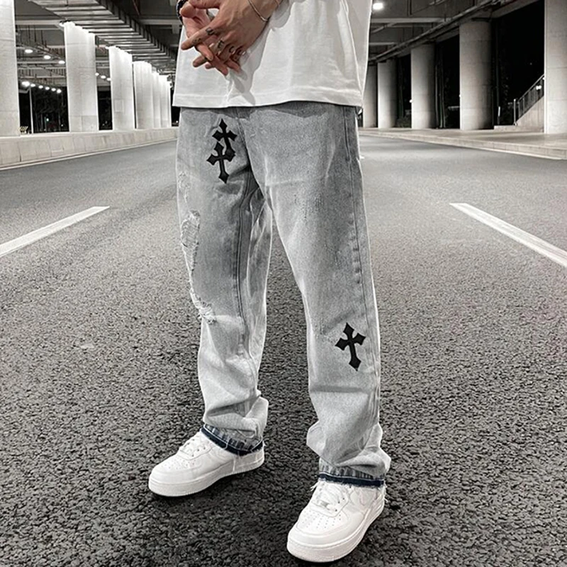 

Ripped Retro Hole Cross Embroidery Casual Denim Trousers Mens High Street Washed Straight Oversize Jeans Pants