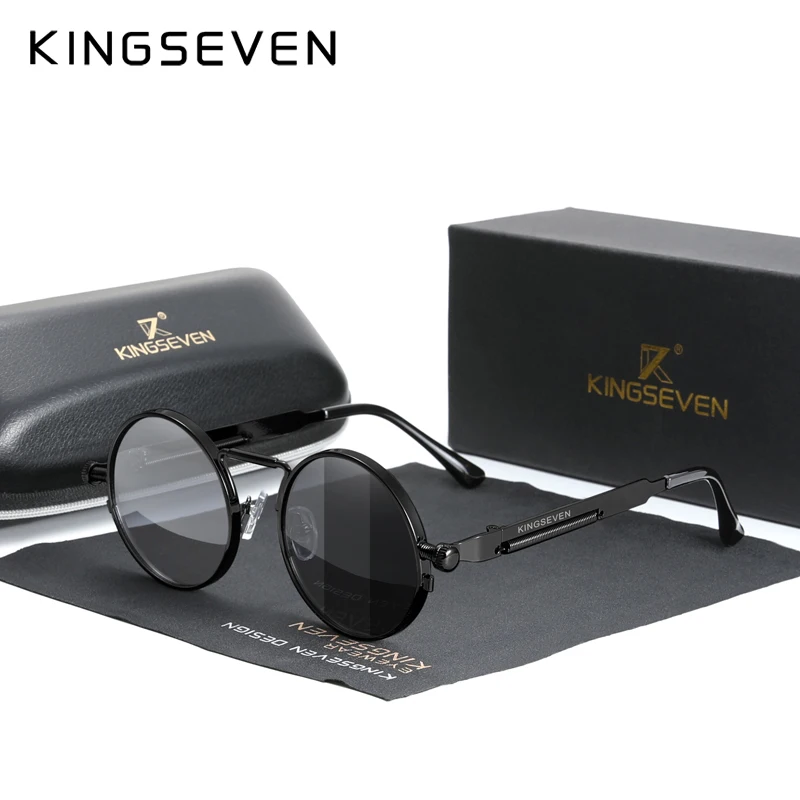 KINGSEVEN High Quality Gothic Steampunk Sunglasses Polarized Men Women Brand Designer Vintage Round Metal Frame Sun Glasses | Аксессуары