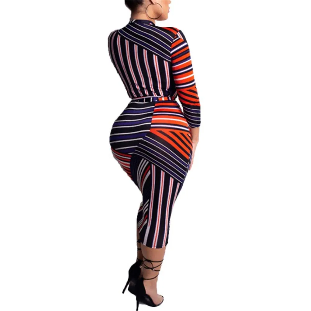 2019 Autumn African Bodycon Dress For Women Dashiki stripe Print Zip Sexy V neck Plus Size Elastic Ankara Slim Clothing | Тематическая