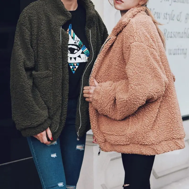 

Warm Long Sleeve Loose Big Pocket Plush Jacket Women 2019 Winter Fluffy Outerwear Coats And Jackets Women Veste Femme Plus Size