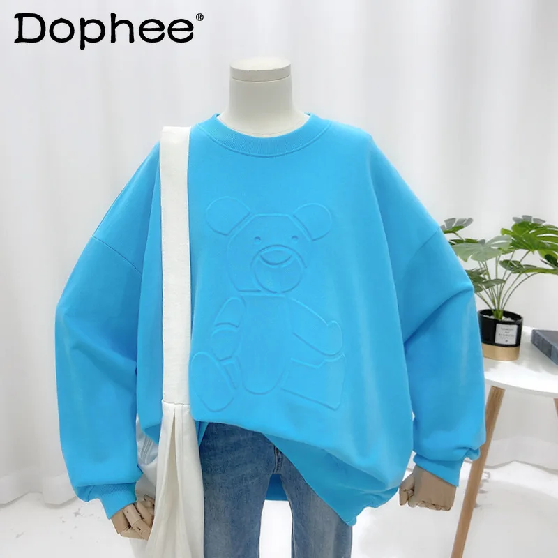 

2021 Spring Autumn Candy Color Hoodies Women Printed Cartoon Bear Pullover Korean Style Terry Cotton O-Neck Fashion Sweatshirt