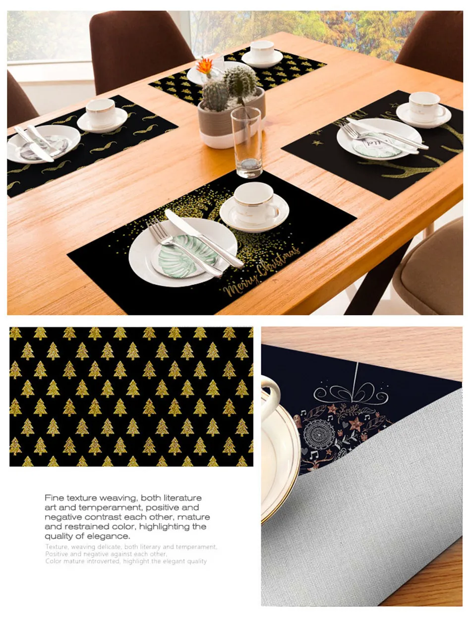 SEAAN Dark Christmas Decor Tableware Durable Dinner Table Placemat Tea Party Kitchen Accessories Bowl Cup Pads Drink Coasters