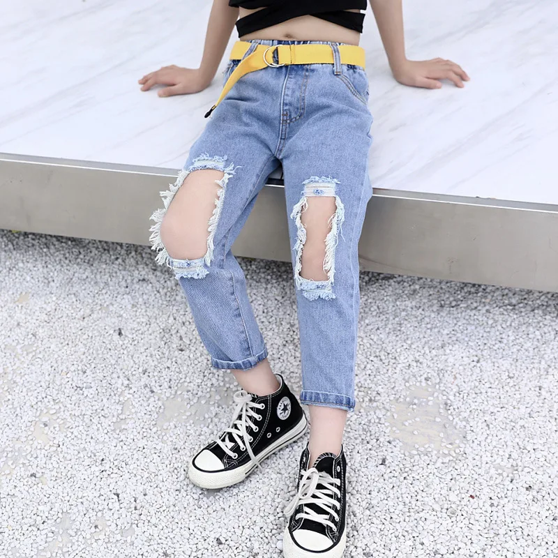 Girls Ripped Jeans 2021 Summer New Large Children Qi Gai Ku Fashionable Denim Ankle-length Pants Song Yao Dai | Мать и ребенок