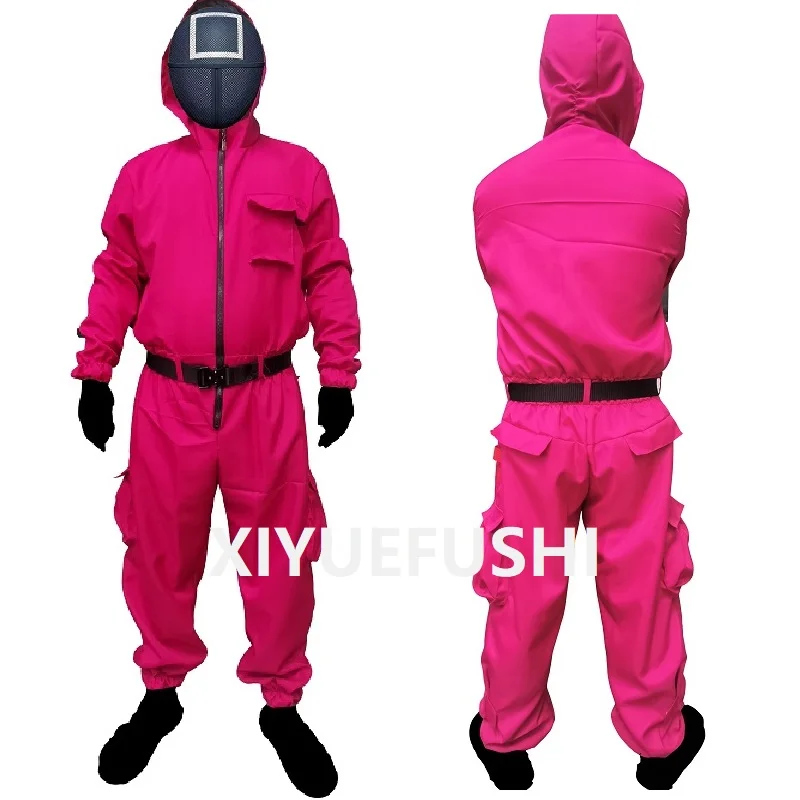 

Squid Game Full set of one-piece clothing Triangle Square Circle Cosplay Plastic Mask Red Hood Man Headgear CosplayCostume
