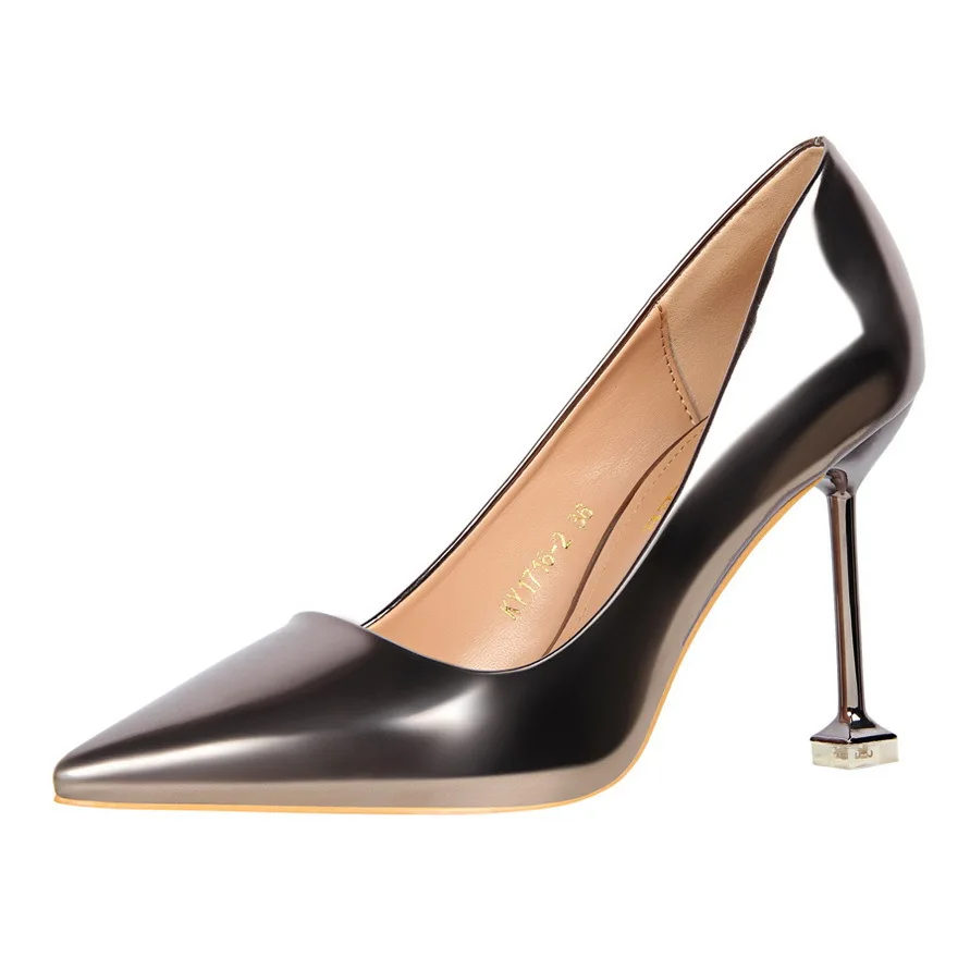 

2018 Women Shoes Pointed Toe Pumps Dress Shoes 9.5CM thin High Heels Boat Shoes Sexy Vintage PU Patent Leather Wedding Shoes
