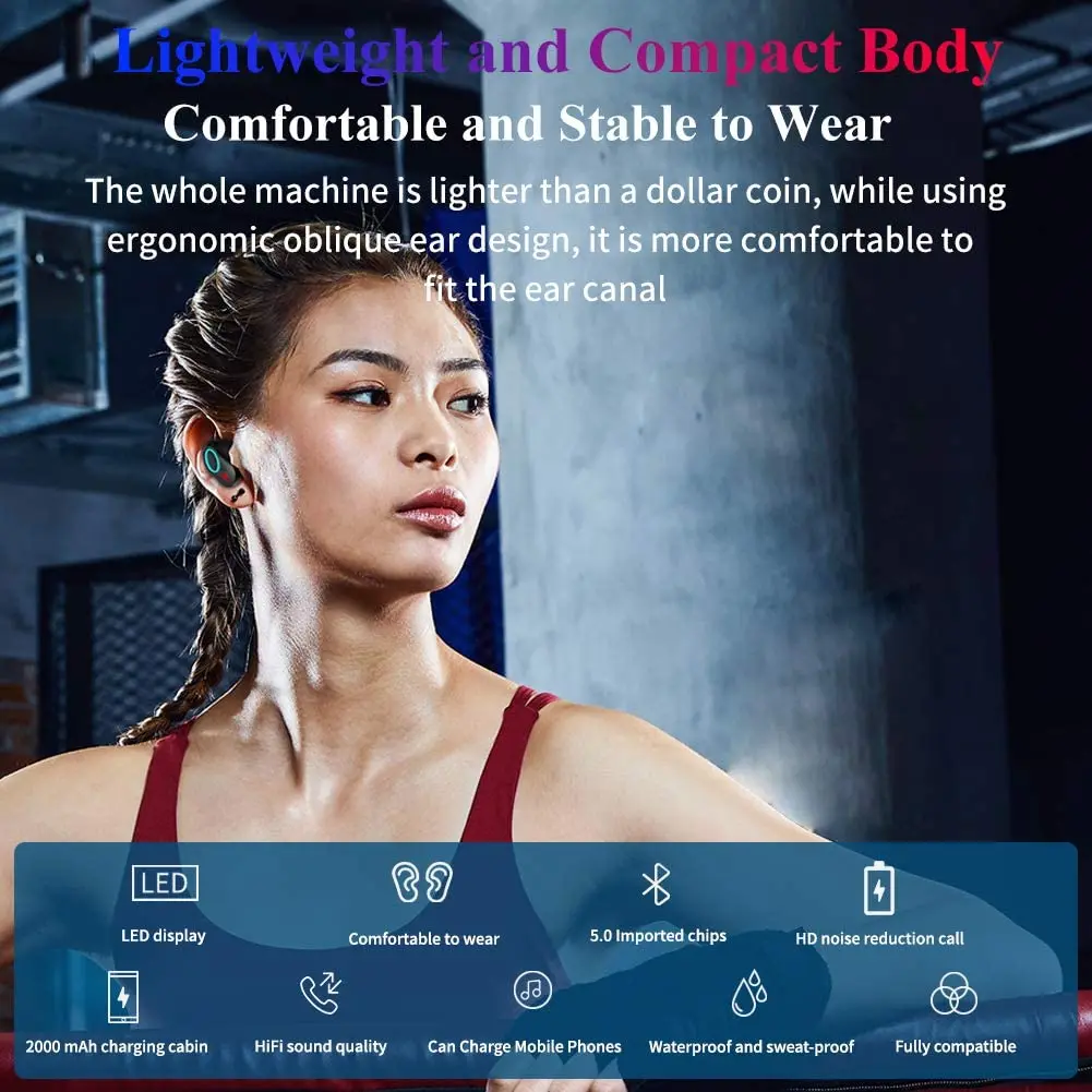 Беспроводной наушники Bluetooth 5 1 True спортивных наушников с зарядным чехол басов Шум