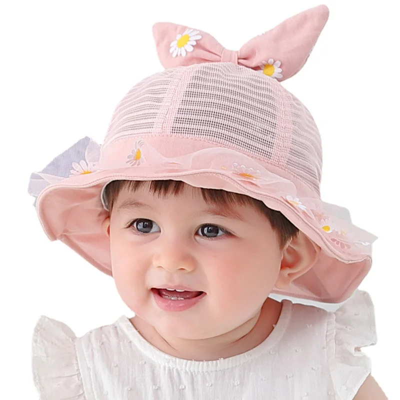 

Baby Hat with Bow Sun Hat Uv Protection Mesh Material Breathable Cute Daisy Embroidery Bucket Hats Collapsible Saida De Praia D