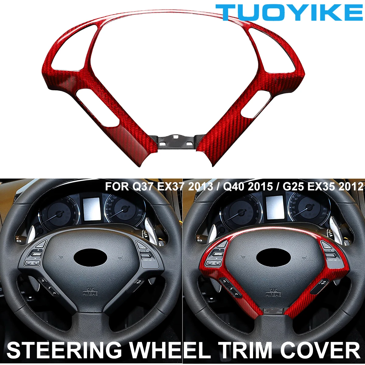 

Car Styling Real Black / RED Carbon Fiber Steering Wheel Trim Cover Sticker For INFINITI G37 EX37 2013 G40 2015 G25 EX35 2012