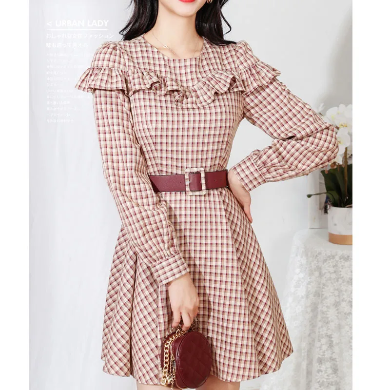 

Женское винтажное платье в красную клетку, с о-образным вырезом, поясом и длинным рукавом, приталенное праздничное платье в стиле 50-х, весна ...