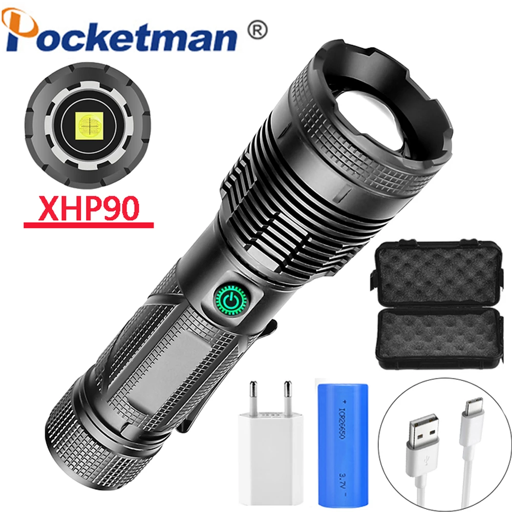 

XHP90 Led flashlight 3mode 500 meter long shot Telescopic zoom flashlight torch lanterna as power bank use 26650 with pen holder