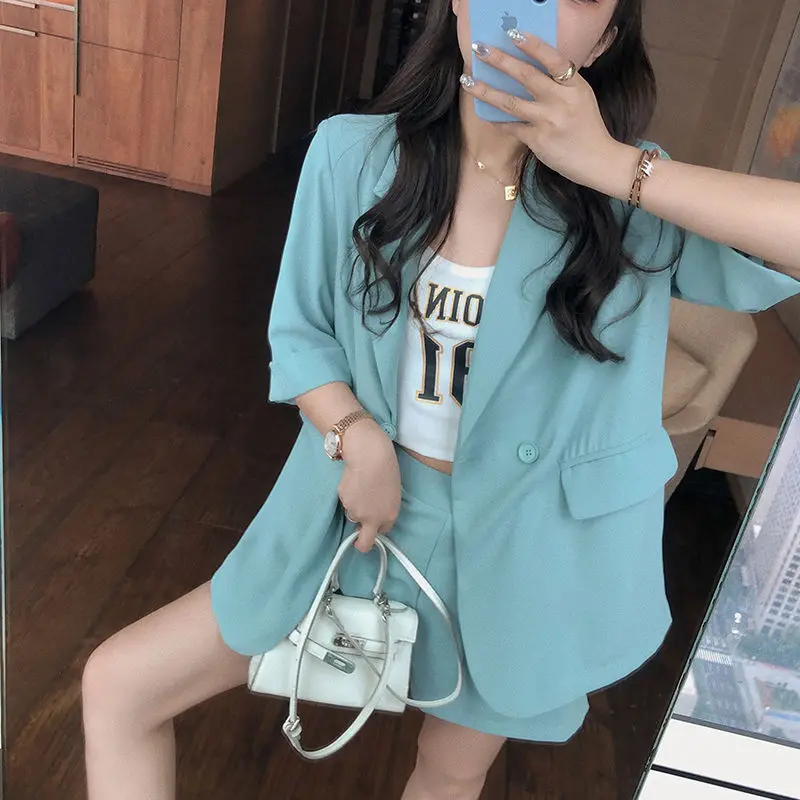 

Two-piece Set Women 2021 Spring Summer Solid Notched Half Sleeve Blazer + Shorts Suits Casual 2 Piece Sets Womens Outfits Y461