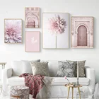 Современная картина с розовыми цветами, домашний декор, настенная живопись, мусульманские исламские двери, плакаты и принты для гостиной, дизайн