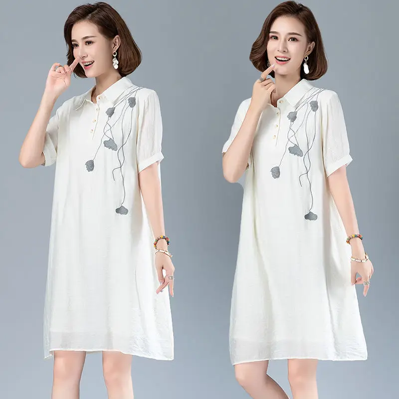 

2021 New Summer Fashion Women Korean Vintag Loose Dress Lady Robes Female Casual Embroidery Floral Plus Size Clothing B205