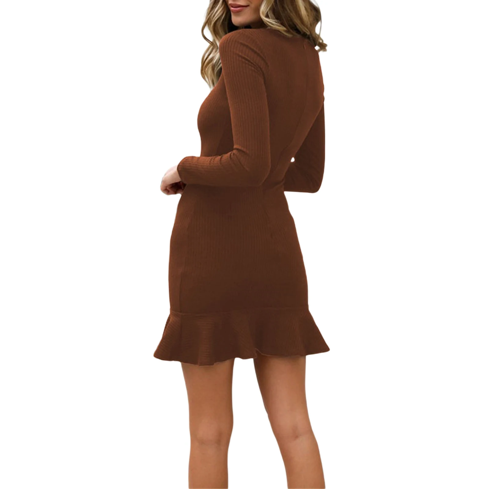 

Women Vintage Dress, Adults Solid Color Long Sleeve Round Neck Ruffled One-piece