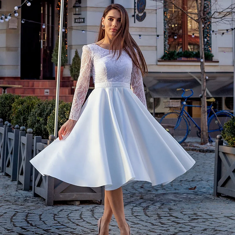 

Long Sleeves Scoop Wedding Dresses A Line Lace Satin Knee Length Beach Garden Bridal Gowns 2021 Simple Custom Made