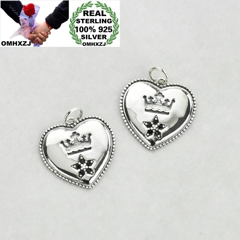 

OMHXZJ Wholesale HD49 European Fashion Fine Woman Birthday Party Gift Vintage Crown Heart 100% 925 Sterling Silver Pendant Charm