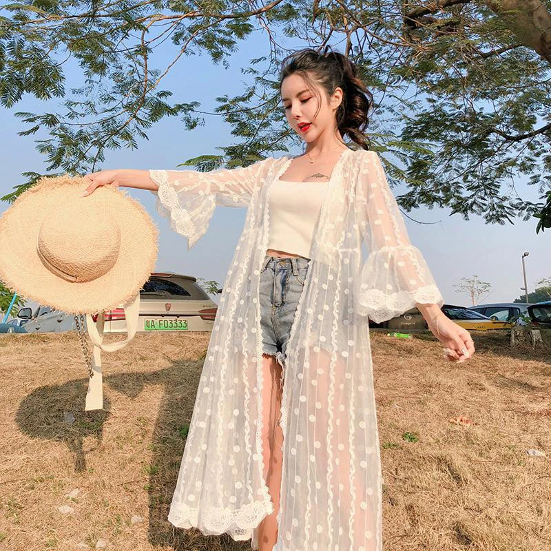 Crochet Tunic Beach Dress Slit Hemline Cover-ups Sexy Hollow Out Knitted Swimsuit Cover Up Long Sleeve Summer Women Beachwear | Женская