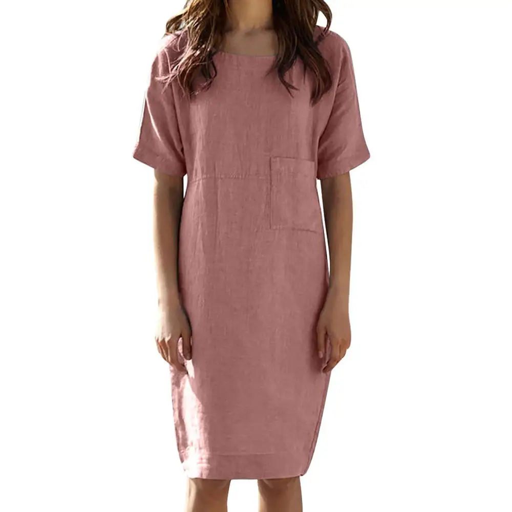 Женское Летнее льняное платье с коротким рукавом свободное ТРАПЕЦИЕВИДНОЕ