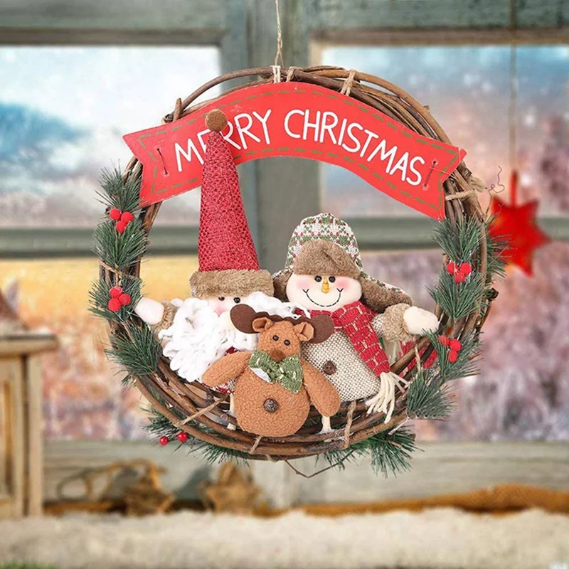 

1 Pcs Christmas Front Door Wreath(Santa Claus Snowman Reindeer) & 15 Pcs 15Inch Large Satin Padded Hangers, Black
