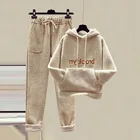 Женский флисовый спортивный костюм с надписью, зимний Повседневный Женский костюм с капюшоном, брюки и свитшот, костюмы, женские комплекты, комплект из двух предметов, 2021