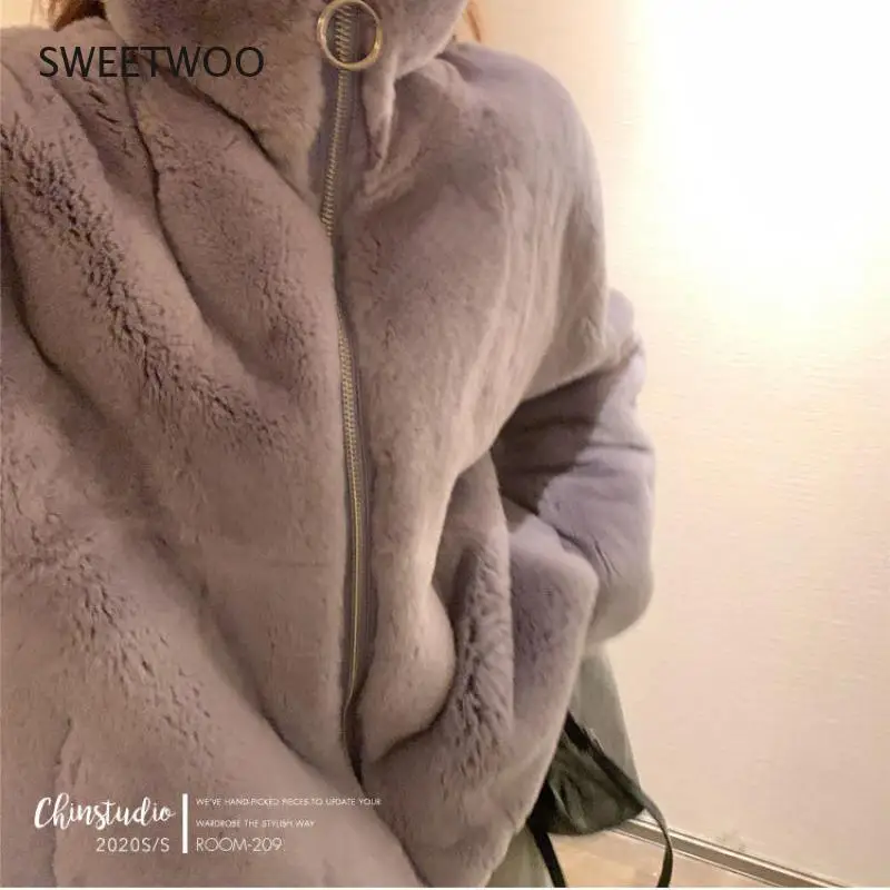Faux resembling Rex rabbit fur autumn and winter jacket women Korean version ins loose stand collar fashion furry coat lazy warm