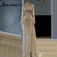 mermaid longue robes with high split side dubai sash beaded high neck lone sleeve evening gown peated form prom dresses 2021