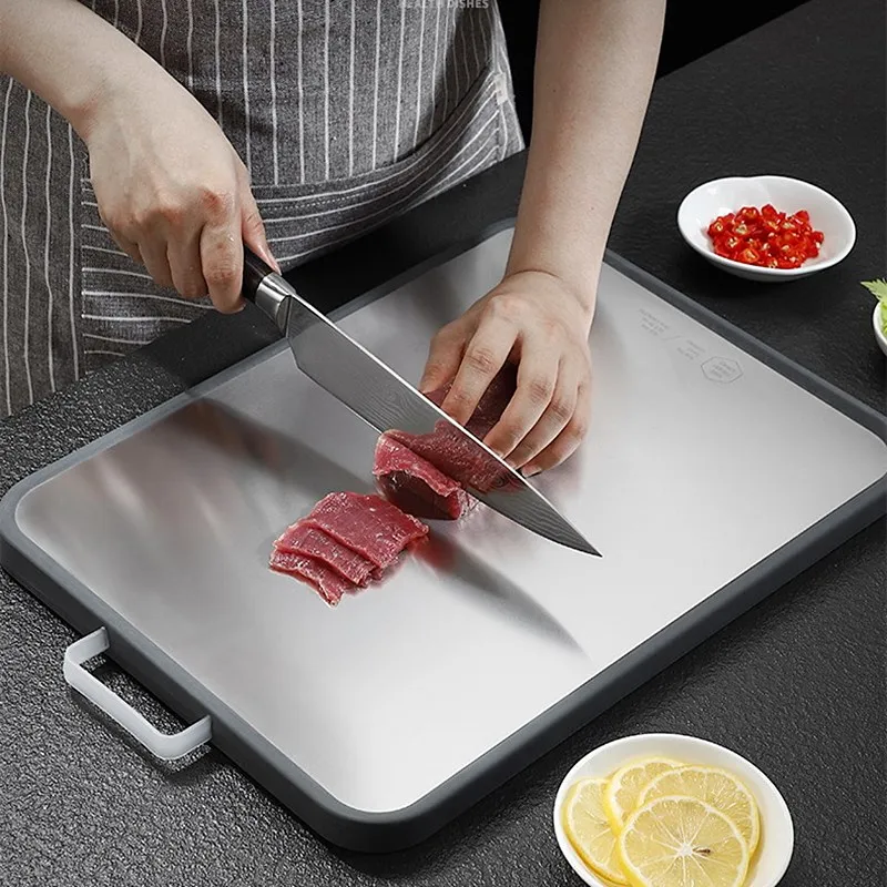 

304 Stainless Steel Double-sided Kitchen Chopping Board Non Slip Cutting Blocks with Scale Fruit Cheese Tools Knife Accessories
