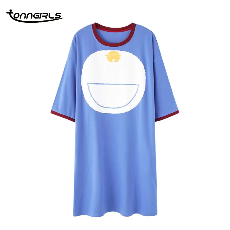 

Tonngirls Cartoon Doraemon Cute Night Dress Women Sleepwear Cotton Nightgown 2021 Summer Night Gowns Ladies Homewear Nightwear