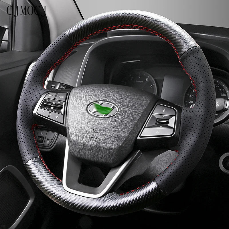 

For Hyundai Ix35 Ix25 ELANTRA ELANTRA CELESTA Verna MISTRA TUCSON Hand-Stitched Suede Carbon Fibre Car Steering Wheel Cover