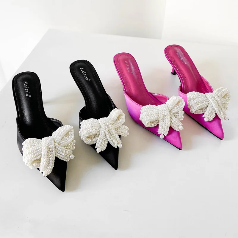 

Mules For Women 2022 Med Female Shoes Shallow Butterfly-Knot Thin Heels Pointed Toe Slippers Summer String Bead Slides New