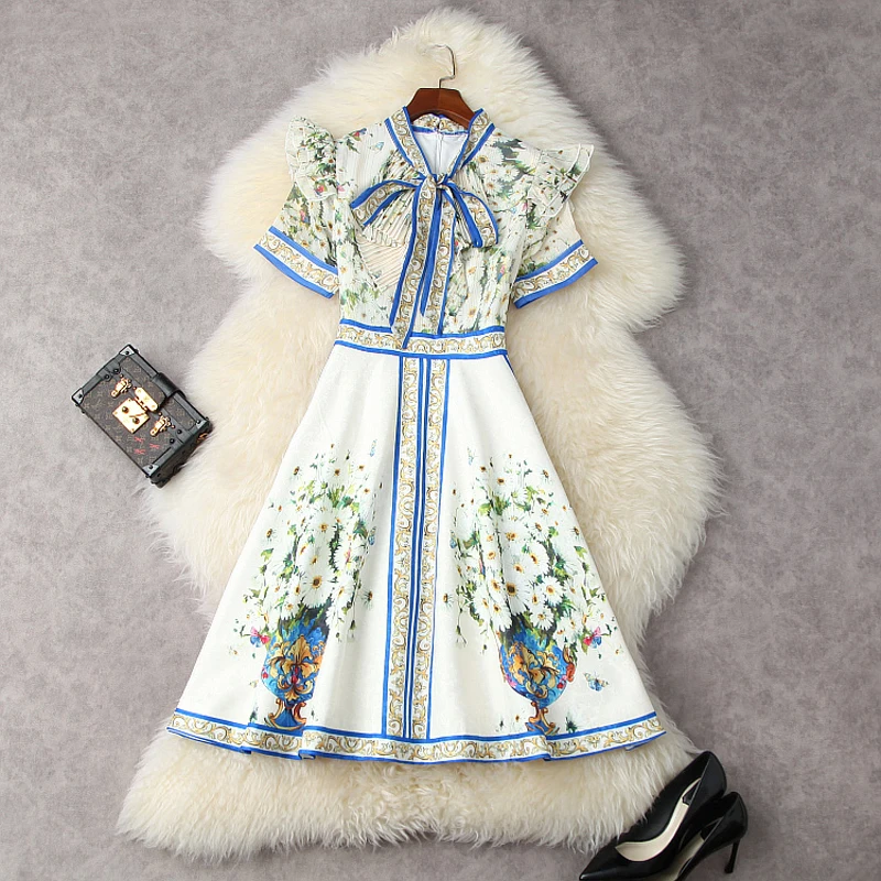 

2021 New Short Sleeve Elegant Flowers Womens Summer Jacquard Bow Dress Ruffles Fashion Elastic Printing Party Dresses