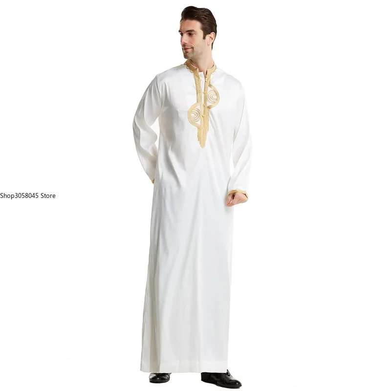Men Dishdasha Muslim Long Sleeve Dress Daffah Thobe Jubba Saudi Arab Thoub Kaftan Islam Clothing Robes Abaya Dubai Middle East