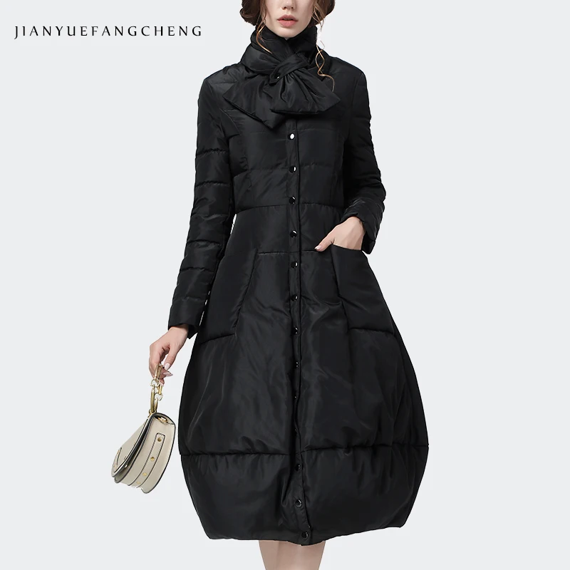 

2020 Winter New Black Duck Down Dress Women Warm Thickened Over-Knee Long Padded Overcoat Detachable Halter Outwear Dresses