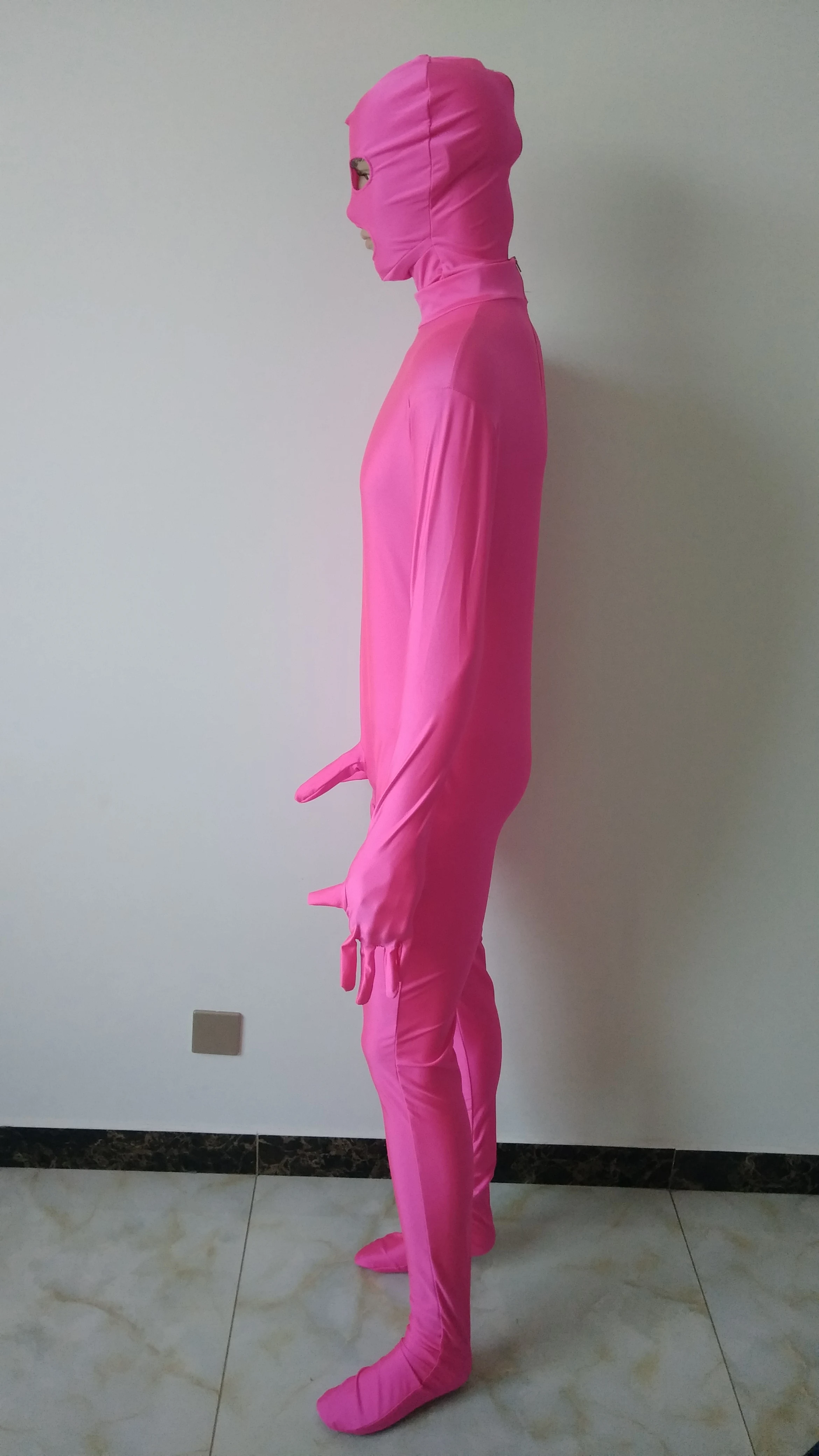New style pink color Spandex men Unitard Catsuit with Penis sheath removable mask open eyes mouth |