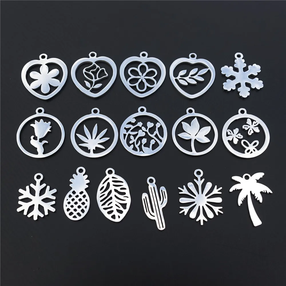 

5 Pieces Stainless Steel Pendant Charm Coconut Tree Lotus Rose Flower Leaf Pineapple Cactus Snowflake Jewelry Making Component