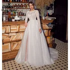 Кружевное Тюлевое платье в стиле бохо с длинным рукавом, круглым вырезом, разрезом сбоку, открытой спиной, свадебное платье в богемном стиле, трапециевидной формы, Пляжный наряд со шлейфом
