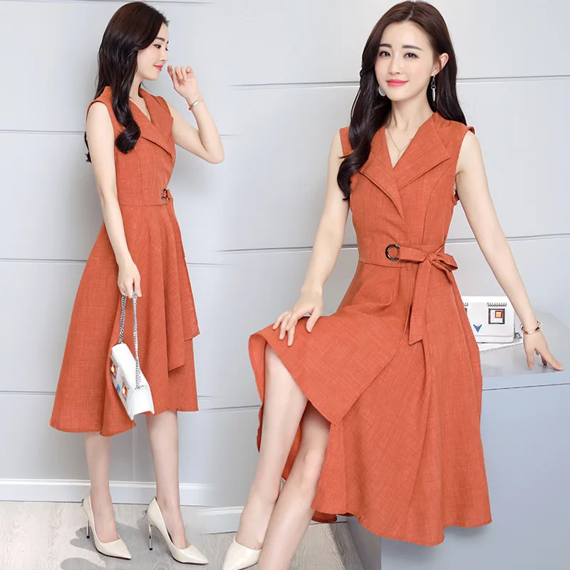 

Dresses Women's 2020 Summer New Large Size Slim Strap Korean Irregular Lapel Stitching Sleeveless Cotton Linen Dress Women Z872